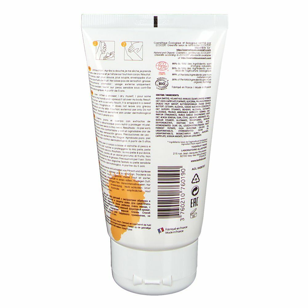 Rückseite der Tube. Text: Inhaltsstoffe, Herstellerinformationen, Barcode. BIO-Zertifizierung.