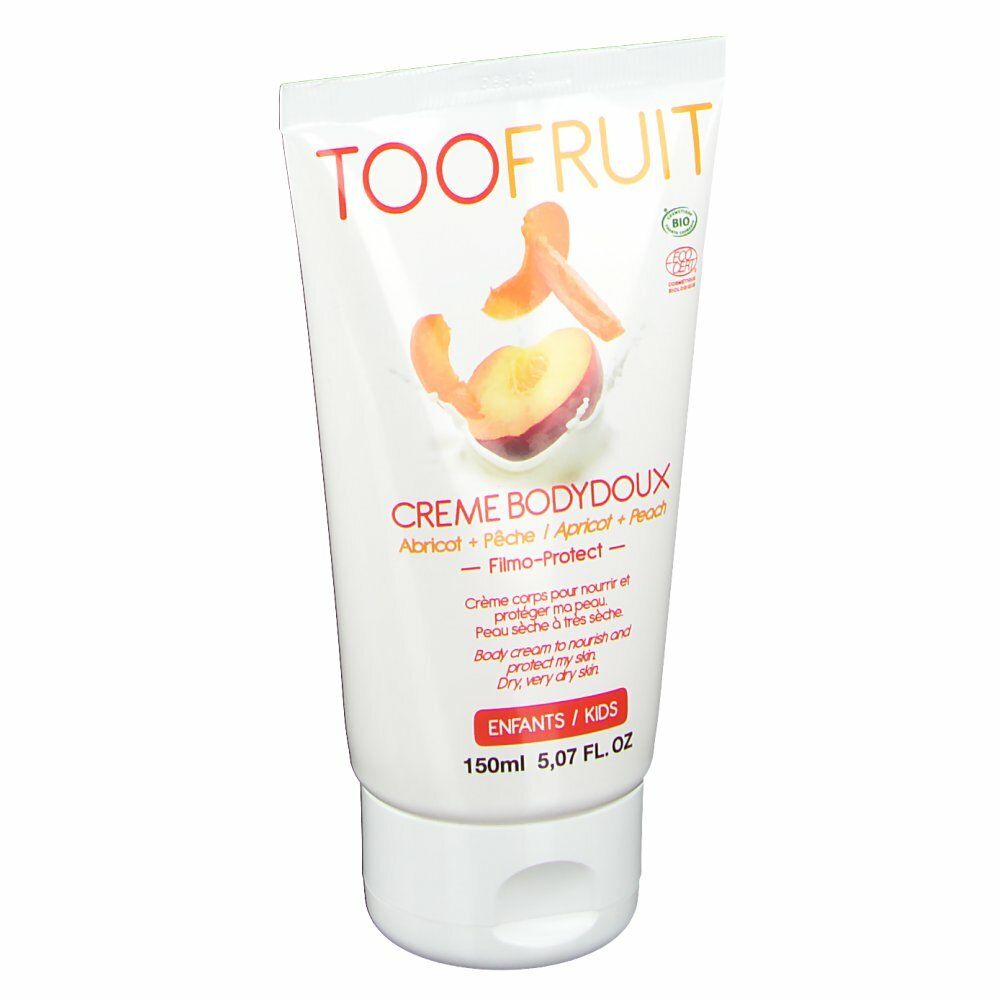 Weiße Tube mit TOOFRUIT-Logo und Pfirsich/Aprikose-Abbildung. Text: Crème Bodydoux, 150ml.
