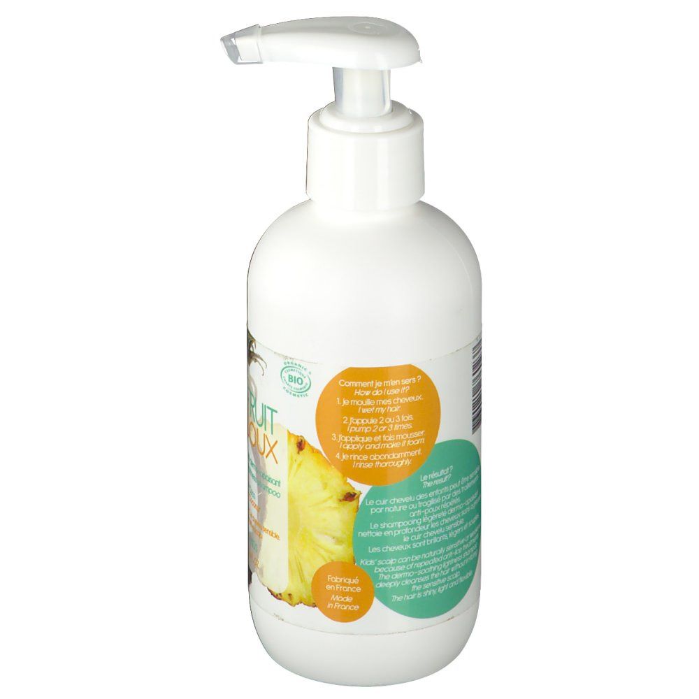 Weiße Flasche mit Pumpe. Aufkleber mit Text und Ananas-Illustration. Bio-Zertifizierung.