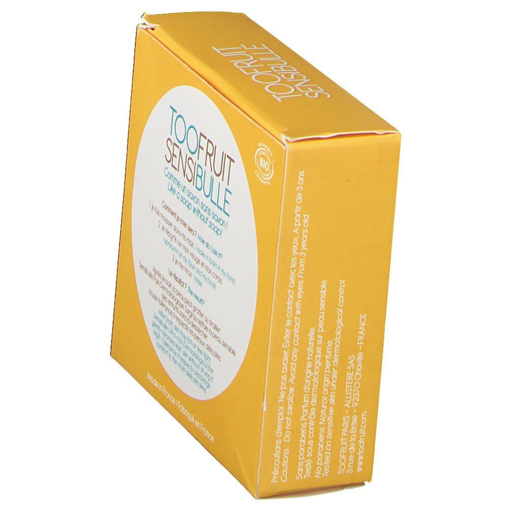 Emballage jaune, en biais. Impression: TOOFUIT SENSIBULLE, certification bio. Texte: Comment utiliser comme savon sans savon ? Pour peaux sensibles.