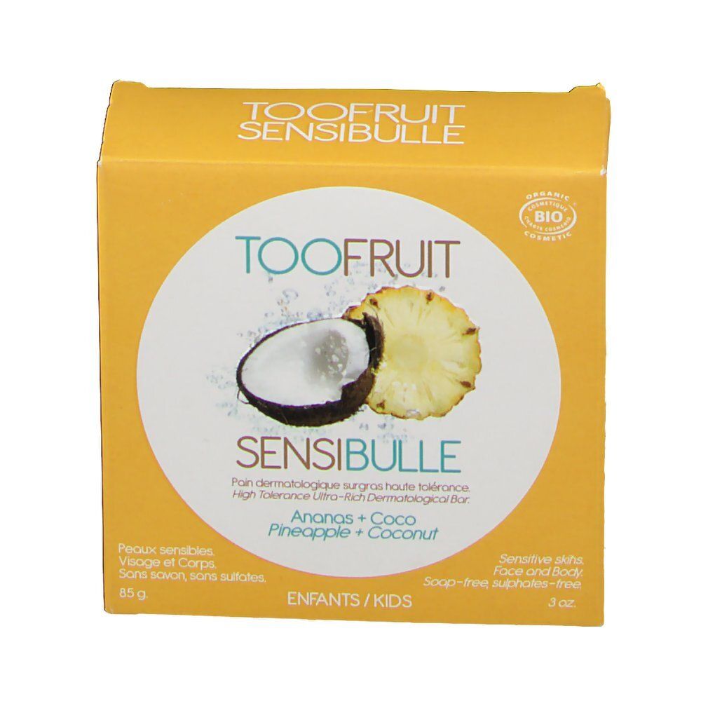 Emballage jaune. Impression: TOOFUIT SENSIBULLE, ananas + noix de coco, certification bio. Pour peaux sensibles, visage & corps, enfants.