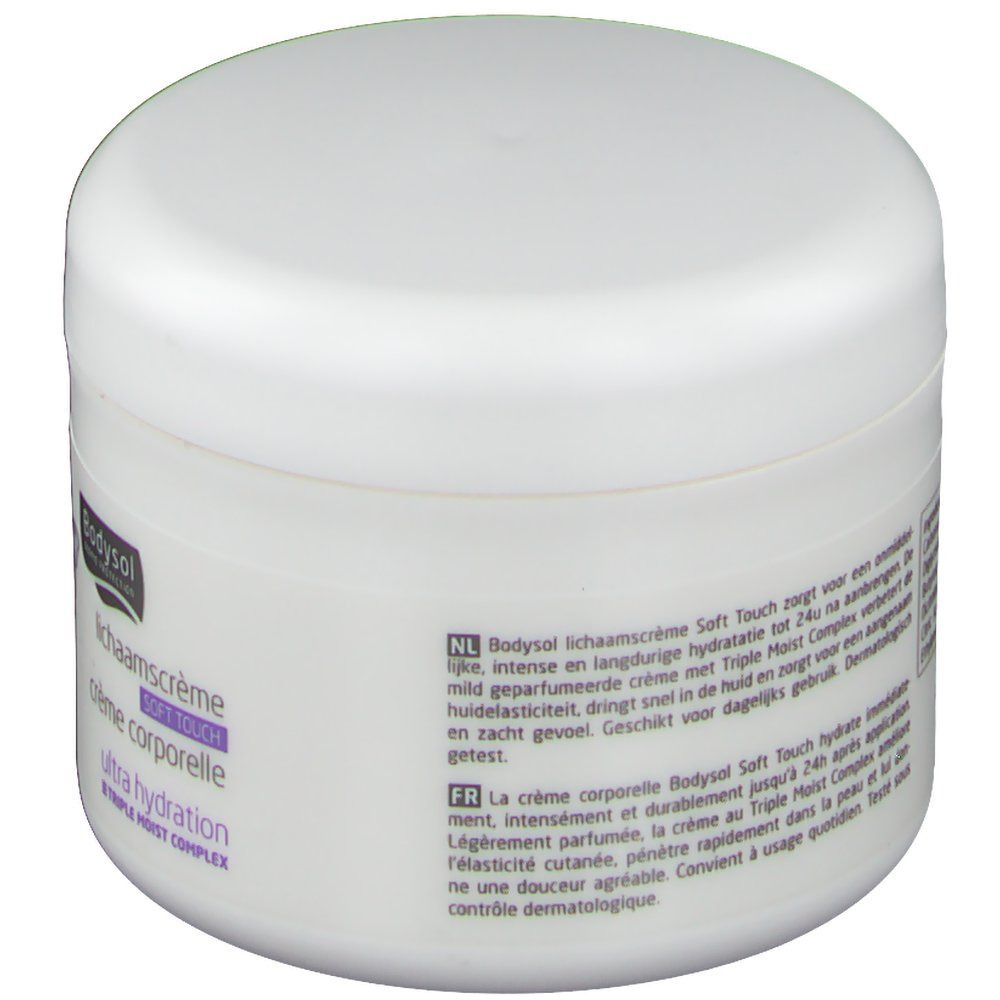 Weißer Tiegel mit Deckel. Aufschrift: Bodysol, Körpercreme, Ultra Hydration. Text in Niederländisch und Französisch.