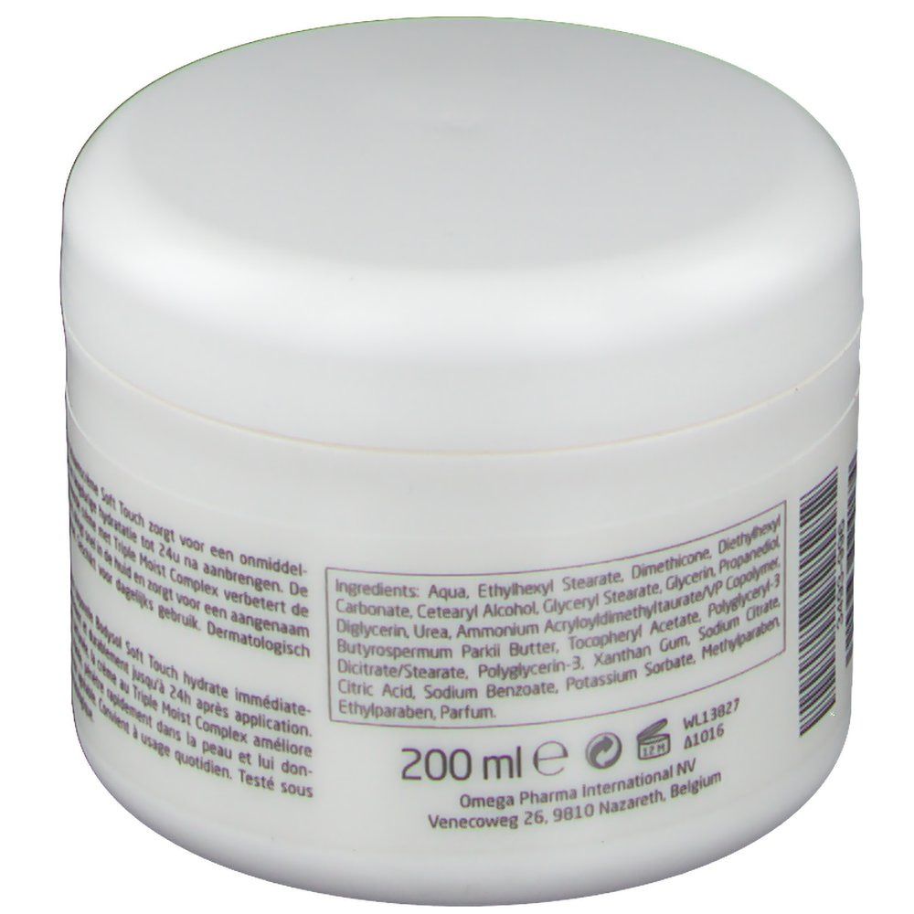 Weißer Tiegel mit Deckel. Aufschrift: Inhaltsstoffe, 200 ml. Text in Niederländisch und Französisch.