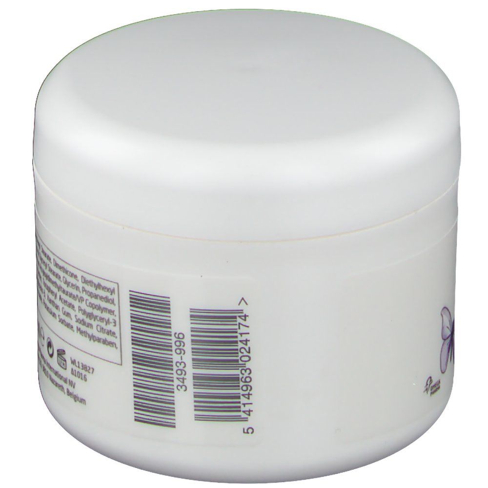 Weißer Tiegel mit Deckel. Barcode und Text. Kleeblatt-Logo.