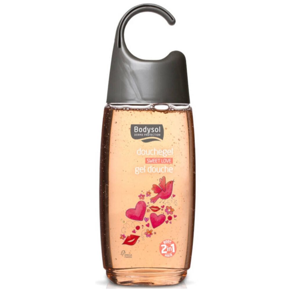 Duschgel mit Aufhänger. Marke Bodysol. Aufschrift: Sweet Love. Rosa Flüssigkeit, Design mit Herzen und Lippen.