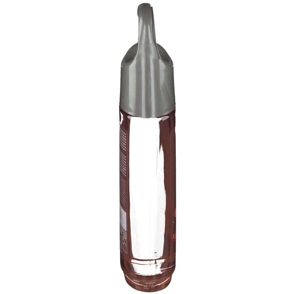 Duschgel-Flasche, Bodysol. Transparente Flasche mit rosa Flüssigkeit. Grauer Aufhänger.