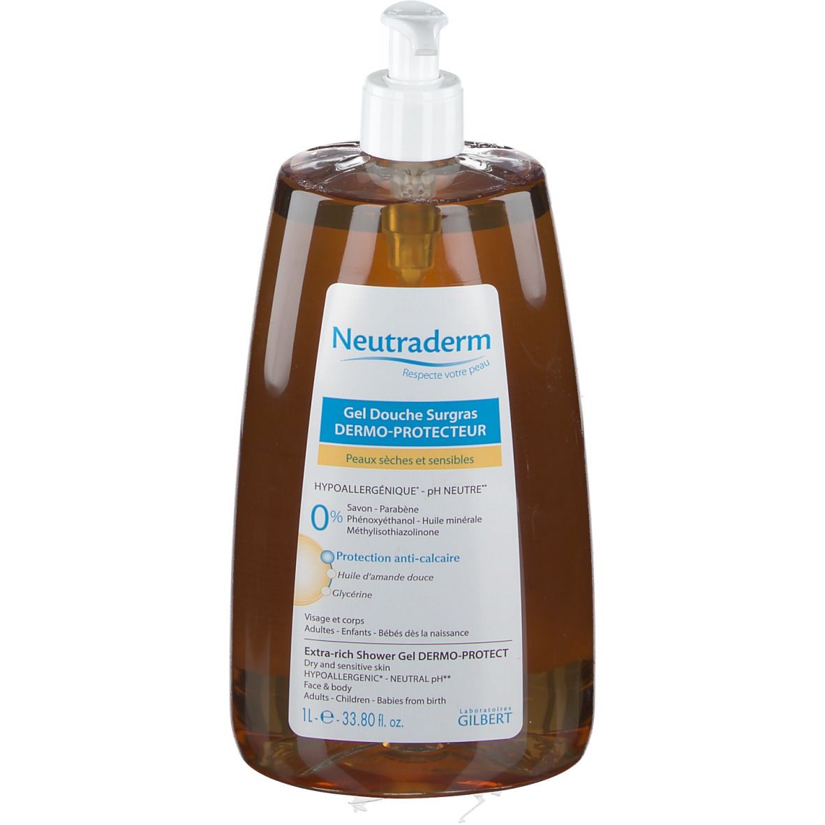 Braunes Duschgel mit weißem Pumpverschluss. Aufkleber mit Produktinformationen. Neutraderm Gel Duschgel Surgras Dermo-Protecteur.