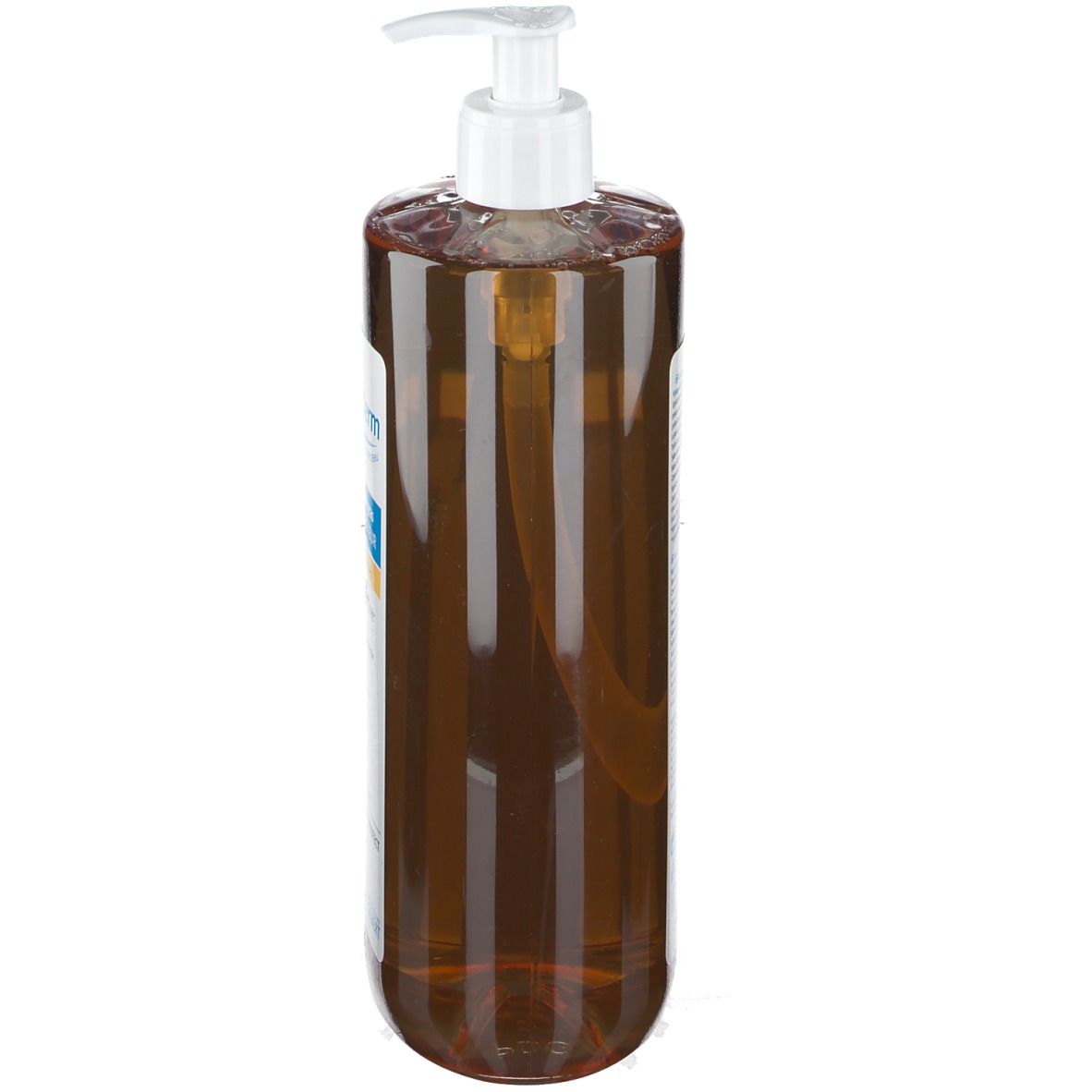 Braune, transparente Flasche mit weißem Pumpverschluss. Neutraderm Gel Duschgel Surgras Dermo-Protecteur. Seitenansicht.