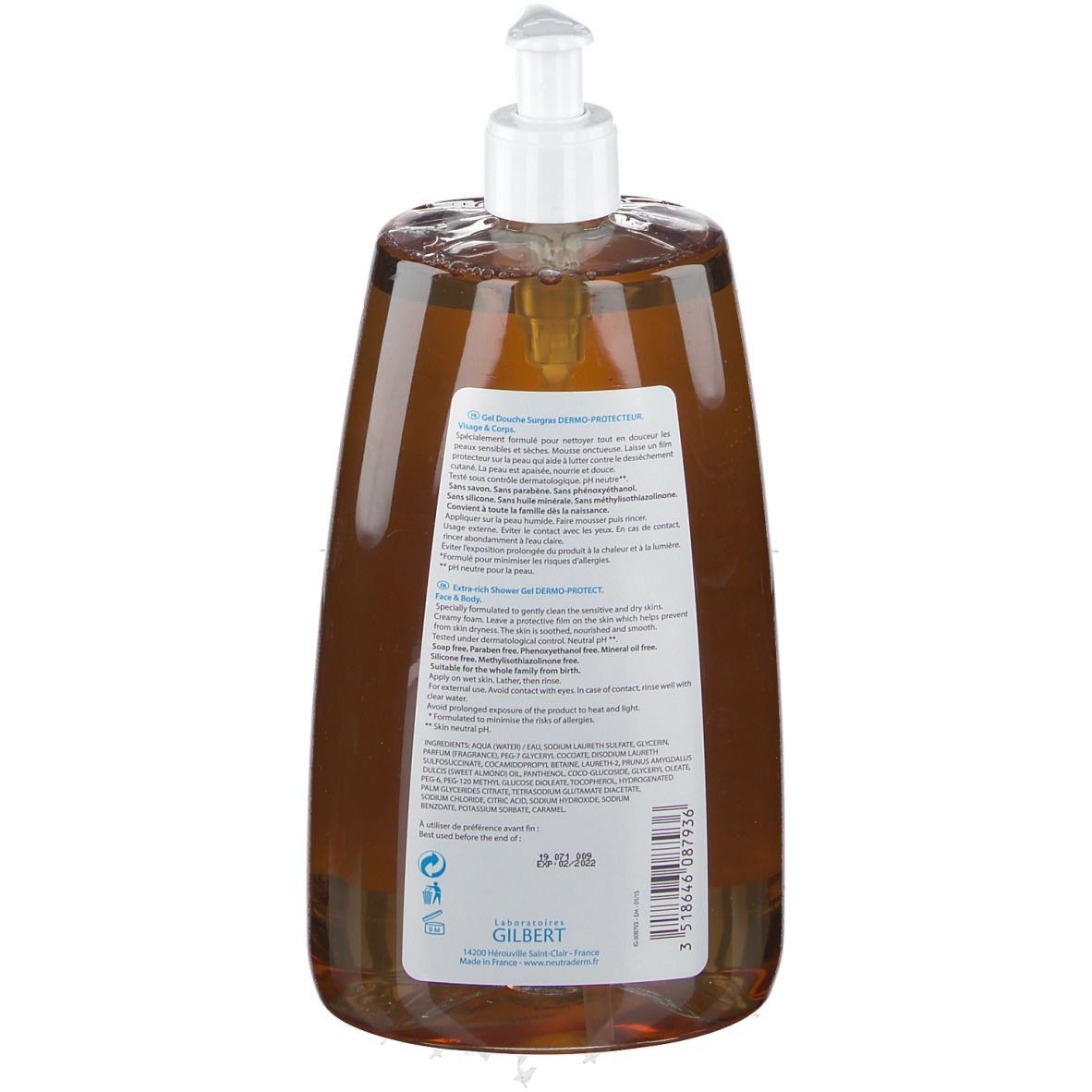 Rückseite der braunen Flasche. Produktinformationen und Inhaltsstoffe. Neutraderm Gel Duschgel Surgras Dermo-Protecteur.
