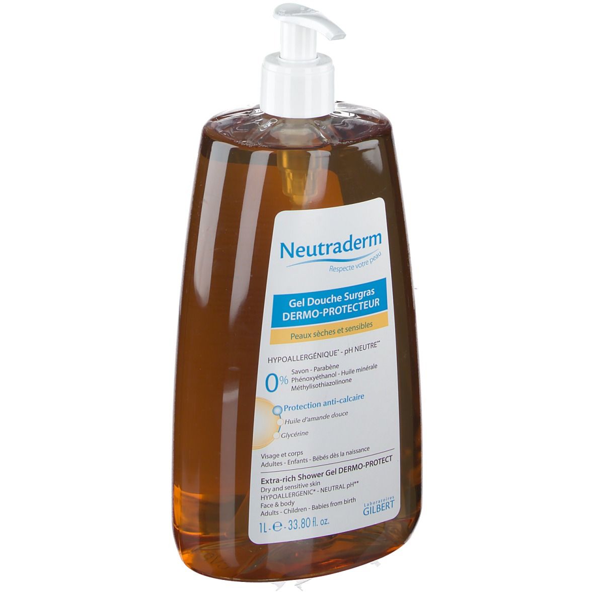 Braunes Duschgel mit weißem Pumpverschluss. Aufkleber mit Produktinformationen. Neutraderm Gel Duschgel Surgras Dermo-Protecteur.