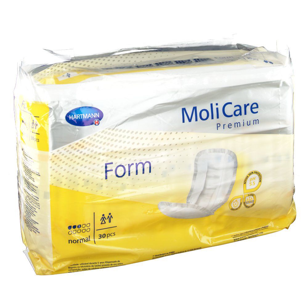 Paquet de MoliCare Premium Form normal. Contient 30 pièces. Emballage jaune et blanc avec nom du produit et logo.