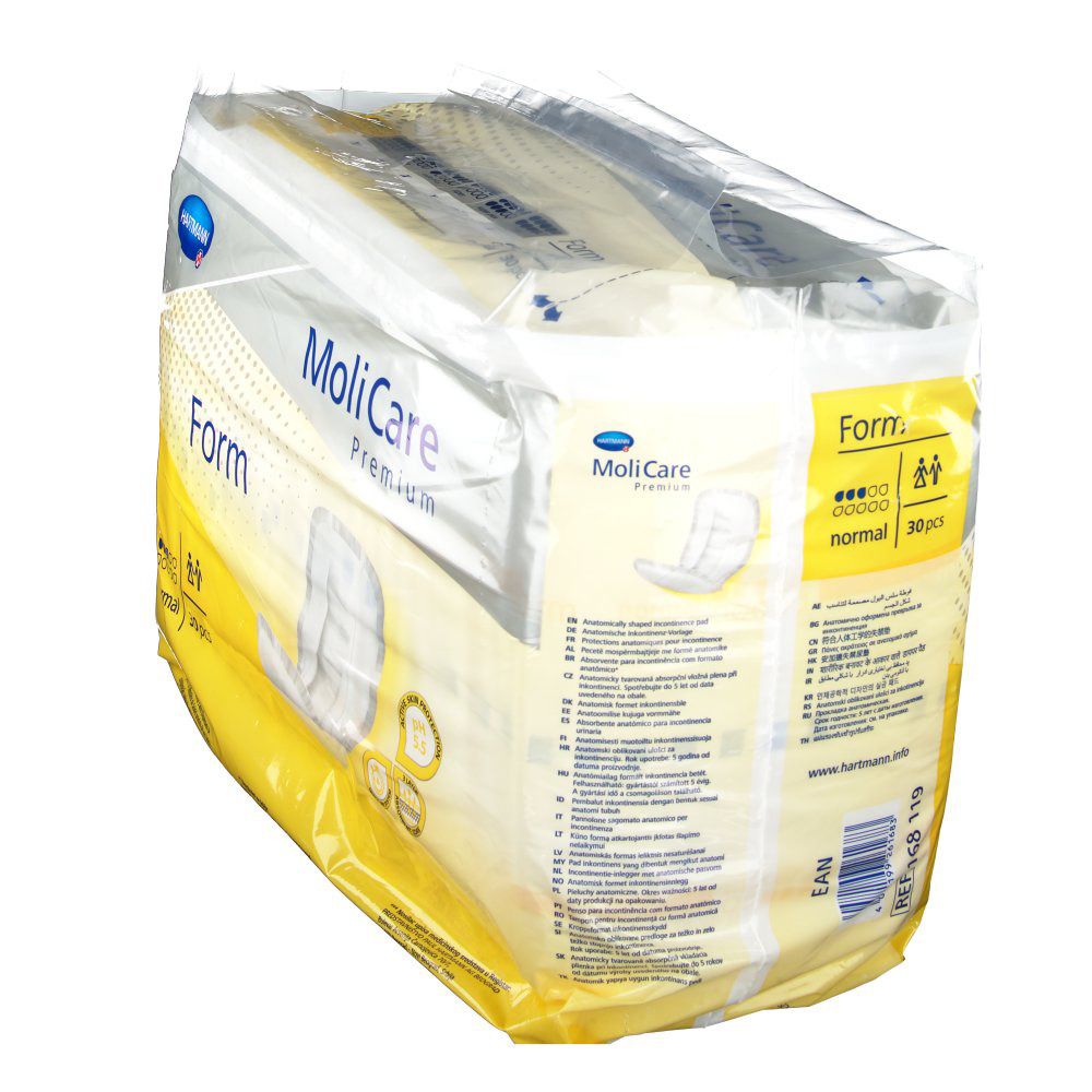 Paquet de MoliCare Premium Form normal, vue latérale. Emballage jaune et blanc avec nom du produit et logo.