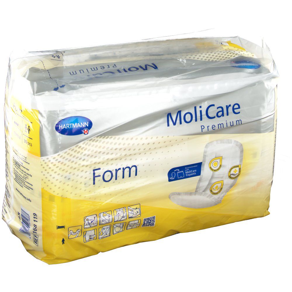 Paquet de MoliCare Premium Form normal, vue de dessus. Emballage jaune et blanc avec nom du produit et logo.