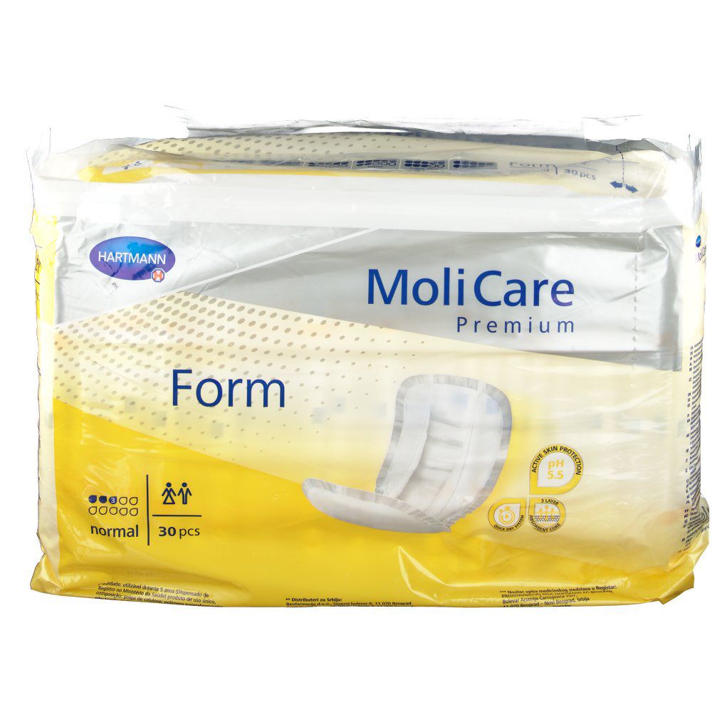 Paquet de MoliCare Premium Form normal. Contient 30 pièces. Emballage jaune et blanc avec nom du produit et logo.
