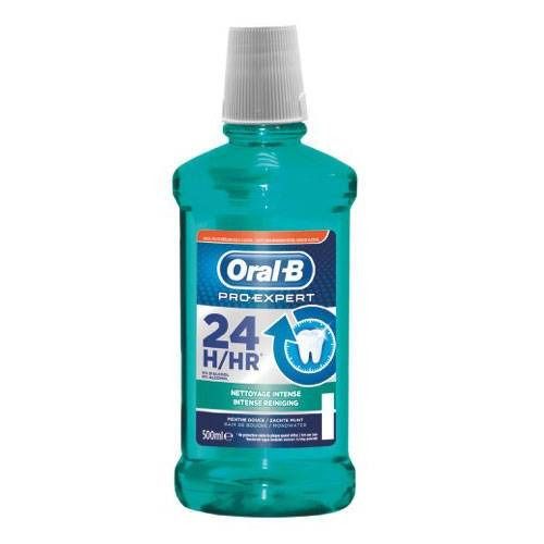 Bouteille de bain de bouche verte avec bouchon blanc. L'étiquette indique "Oral-B Pro-Expert 24 H/HR".