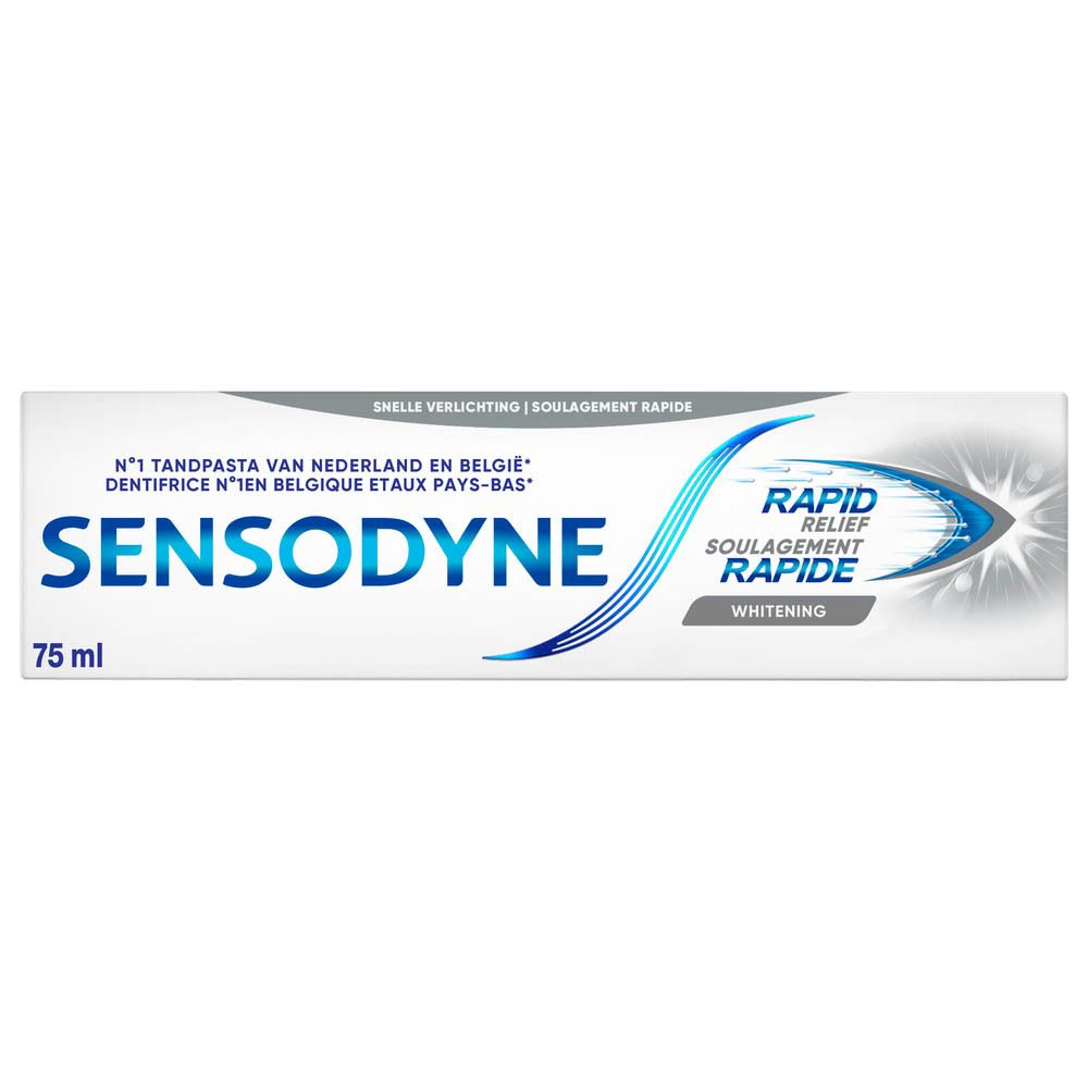 Emballage de dentifrice. Inscription : SENSODYNE® Rapid Relief. Texte en français.