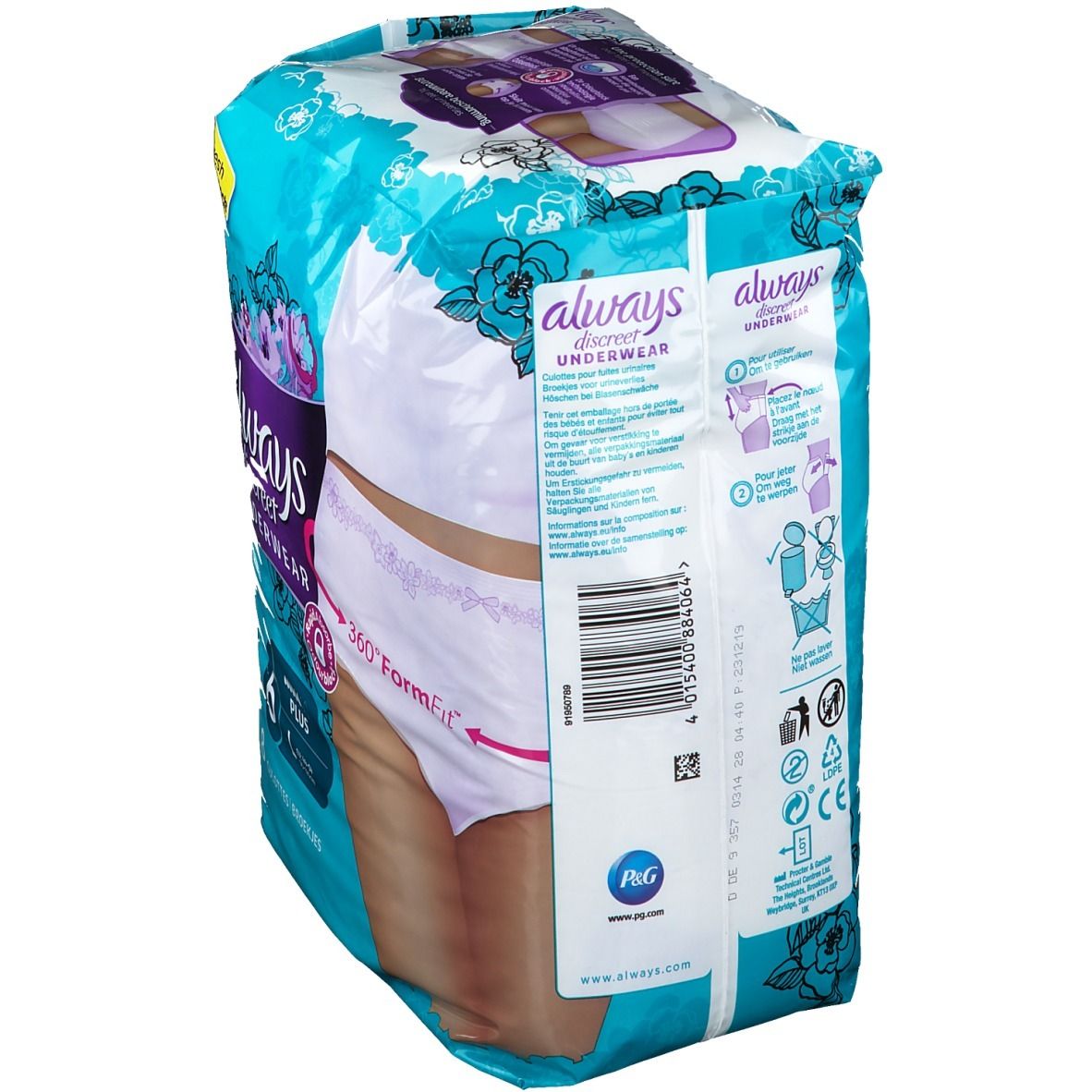 Paquet de Always Discreet Pants Large, vue arrière. Emballage bleu avec illustration et texte du produit.