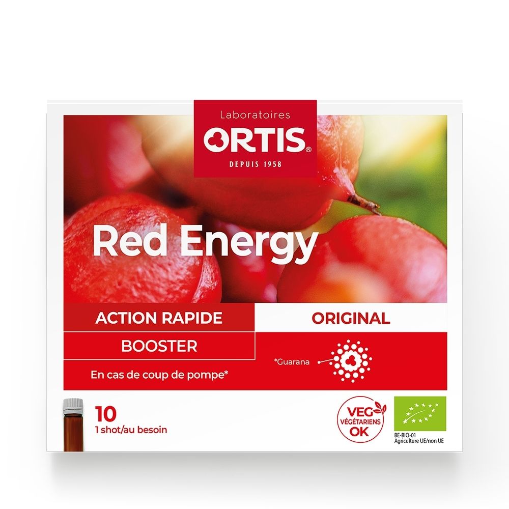 Boîte Ortis Red Energy Original ampoules de 10 shots. Côté avec instructions d'utilisation et ingrédients.