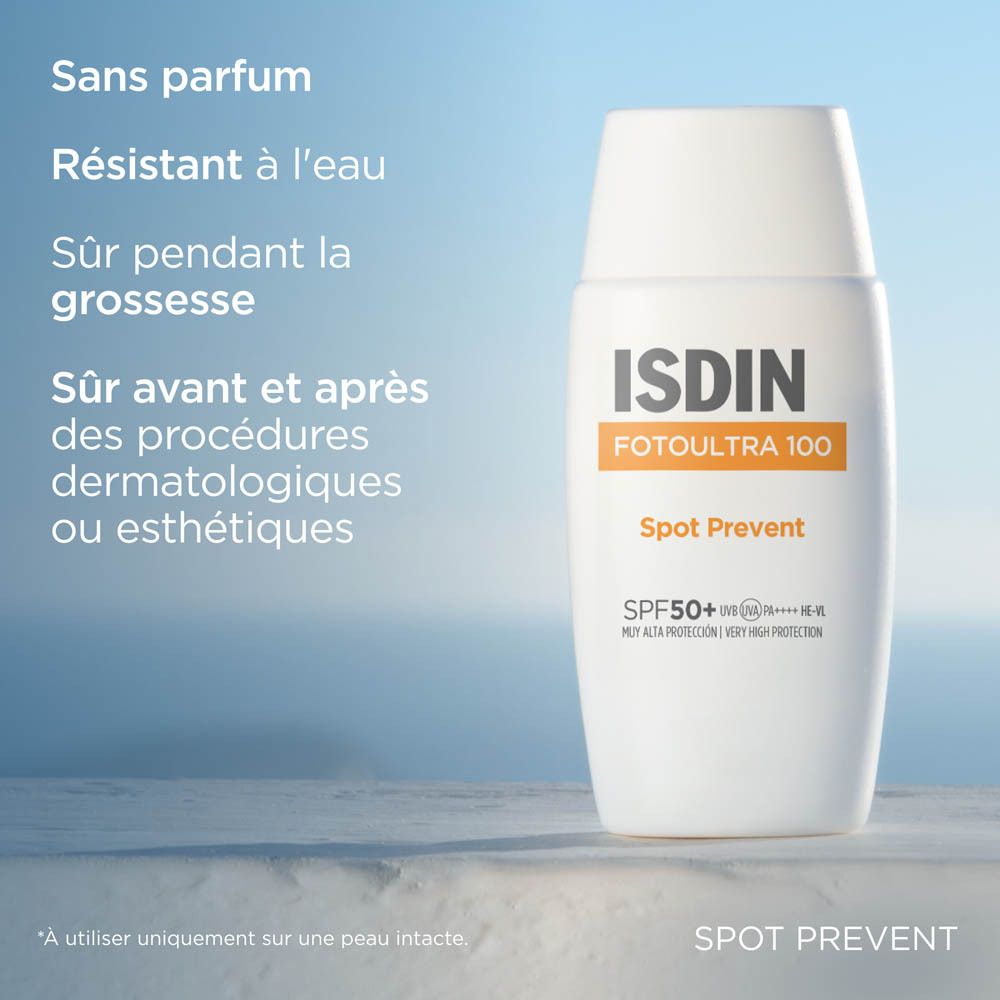 Flacon blanc ISDIN FOTOULTRA 100 Spot Prevent. Texte: Sans parfum. Résistant à l'eau. Grossesse.