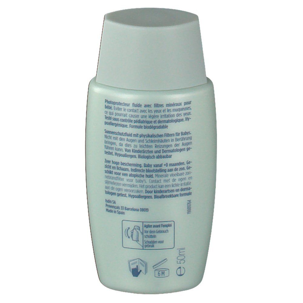 Rückseite der Sonnencreme-Flasche. Text in mehreren Sprachen. Informationen zur Anwendung und Inhaltsstoffen. 50ml.