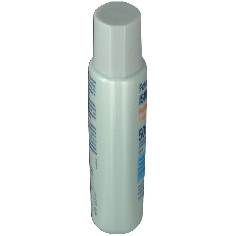 Sonnencreme-Flasche, Seitenansicht. Hellgrüne Farbe. Etikett mit Text. Produkt: ISDIN Fusion Fluid Mineral Baby SPF 50+.