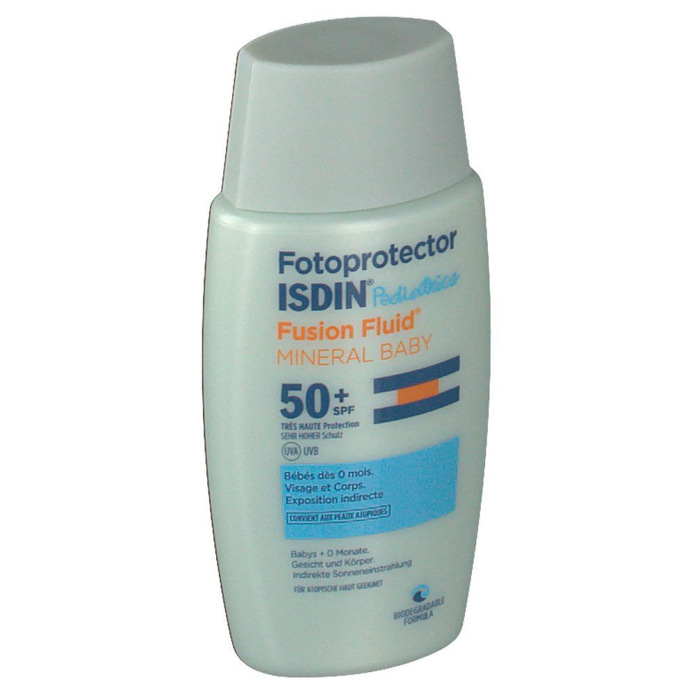 Sonnencreme-Flüssigkeit für Babys. Flasche mit blau-weißem Etikett. Text: ISDIN, Fusion Fluid Mineral Baby SPF 50+.