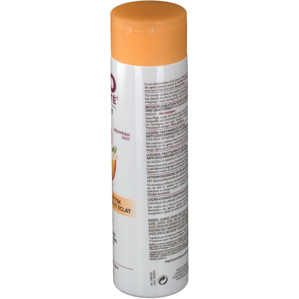 Weiße Flasche mit orangefarbenem Deckel. Rückseite mit Text in verschiedenen Sprachen. Detox Lotion. Für alle Hauttypen.