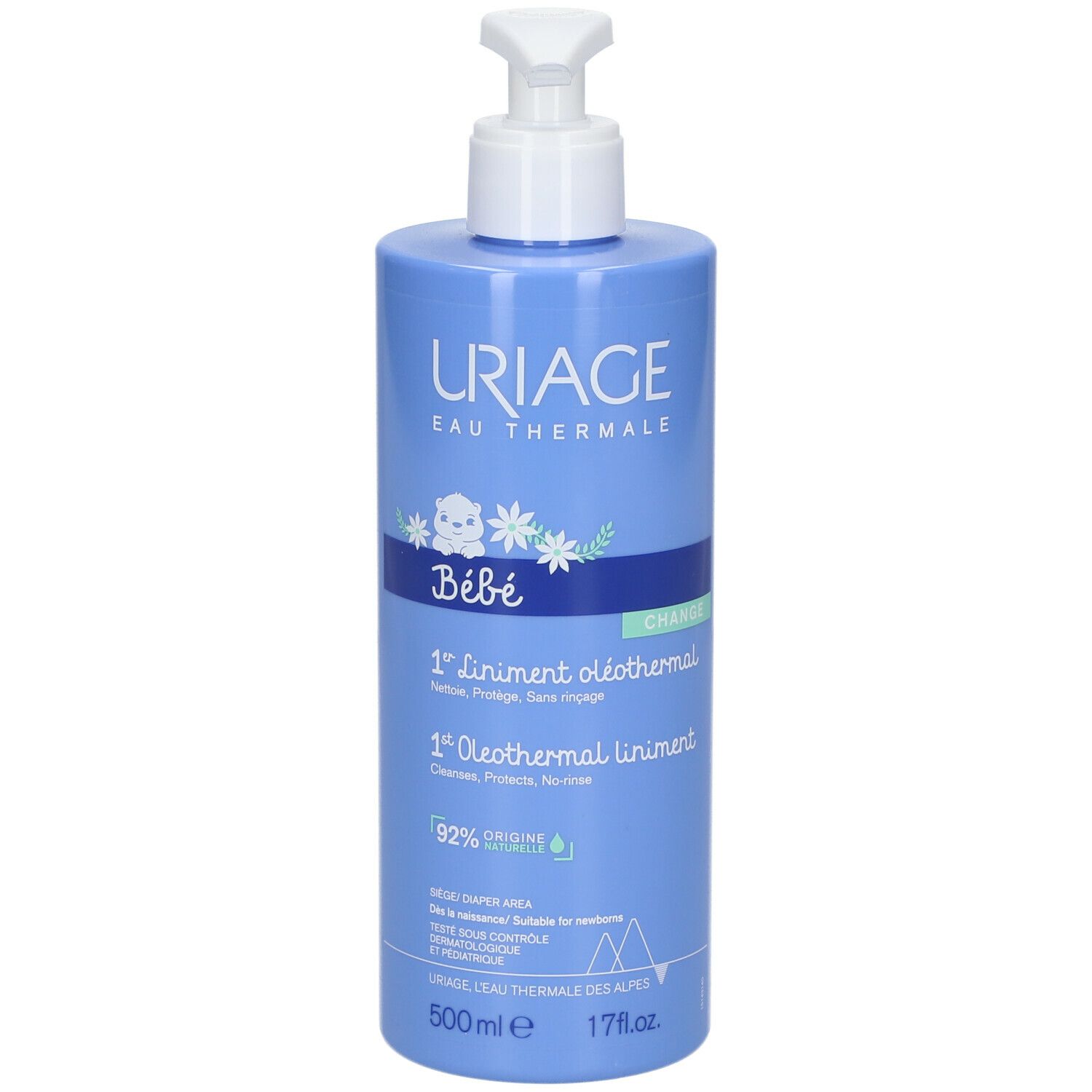 Hellblaue Flasche mit weißem Pumpkopf. Aufschrift: Uriage, Bébé, 1er Liniment oléothermal, 500ml.