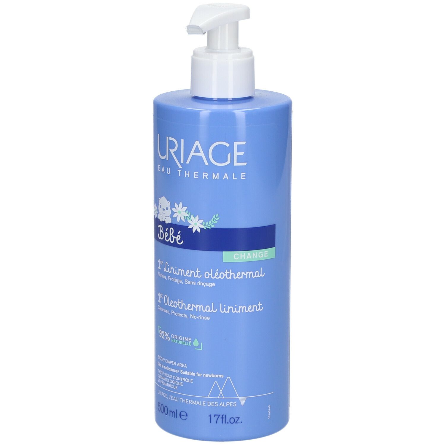 Hellblaue Flasche mit weißem Pumpkopf. Aufschrift: Uriage, Bébé, 1er Liniment oléothermal, 500ml.