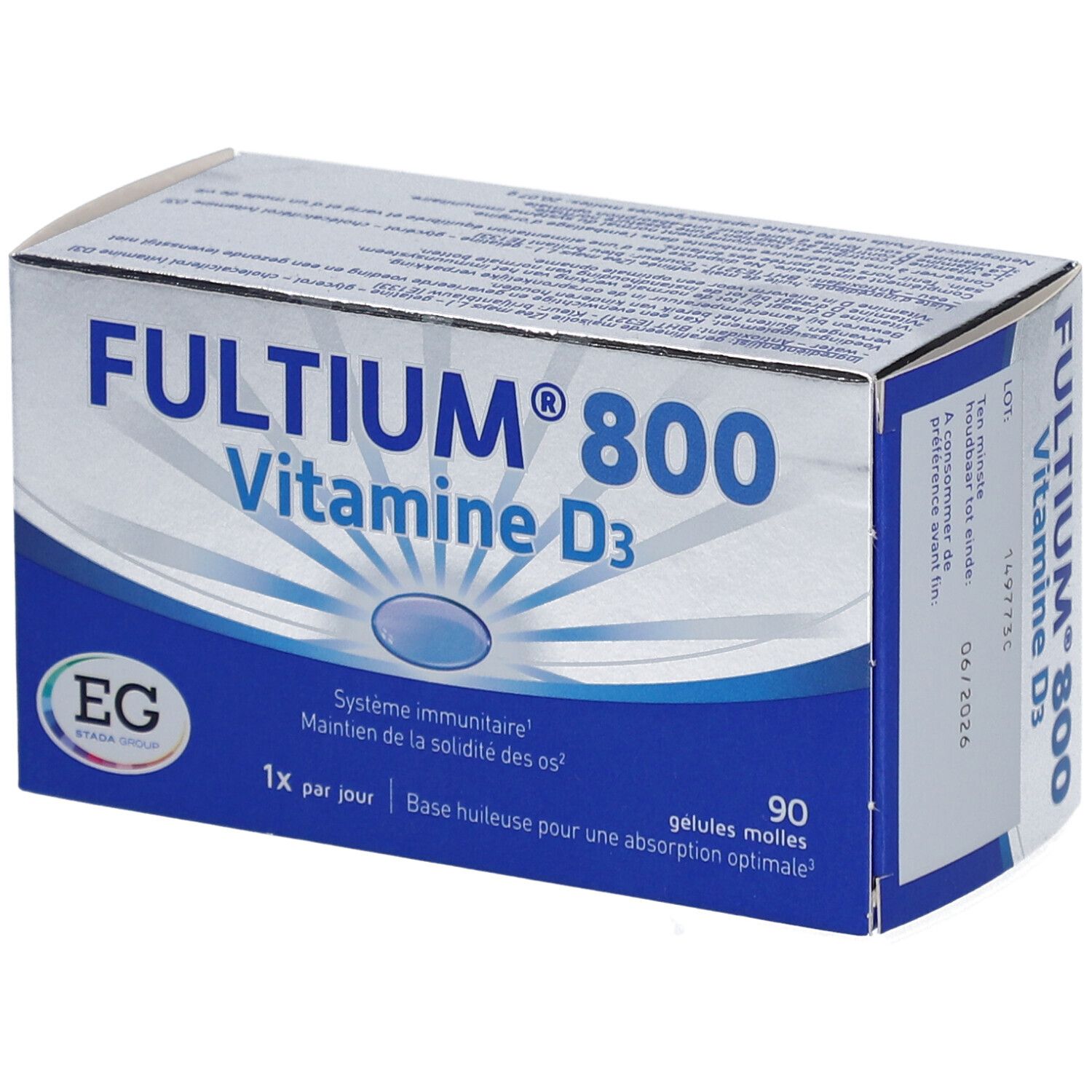 Schachtel mit Fultium® 800 Vitamin D3. Blaue und weiße Verpackung. 90 Kapseln. EG-Logo.