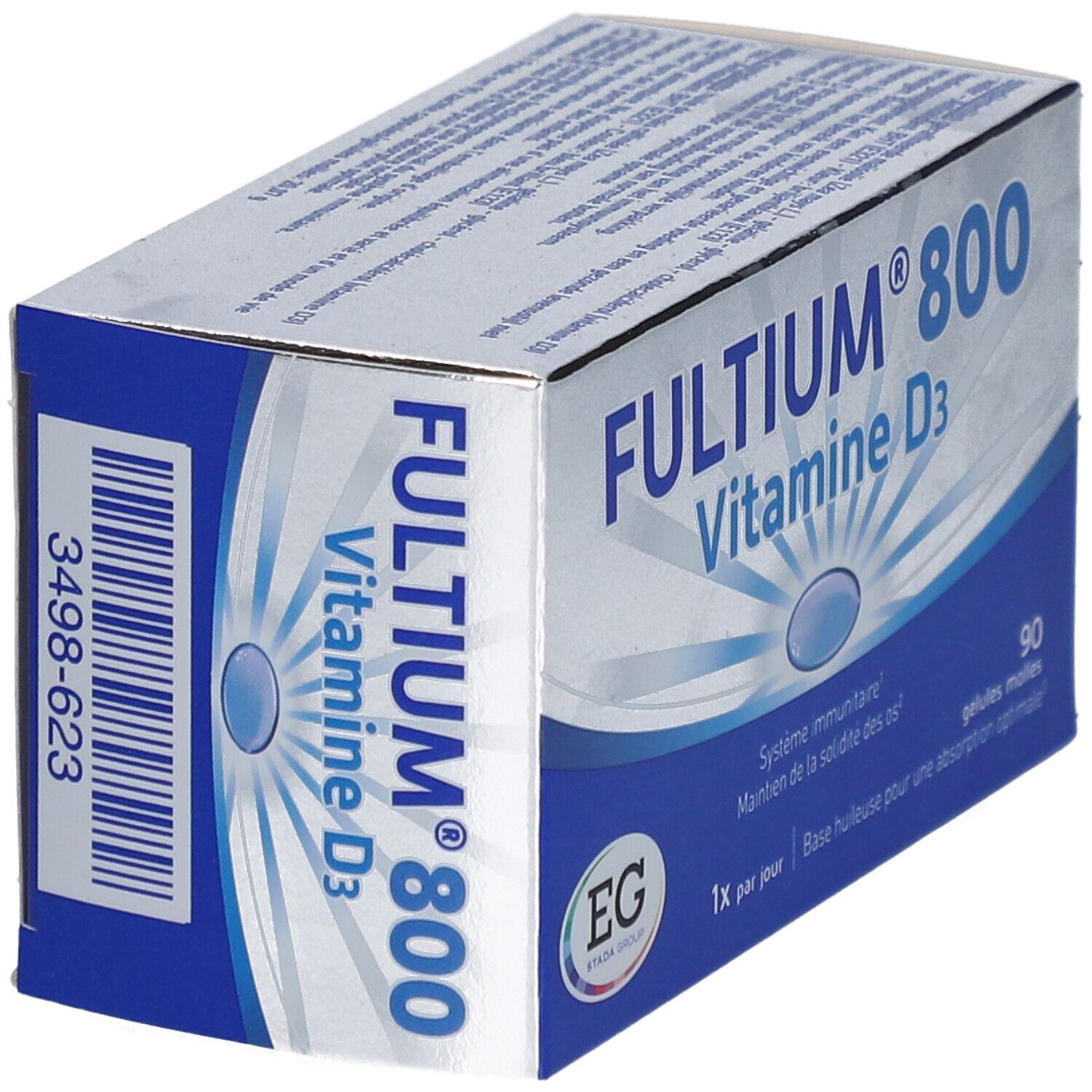 Schachtel Fultium® 800 Vitamin D3. Blaue und weiße Verpackung. Barcode. EG-Logo.