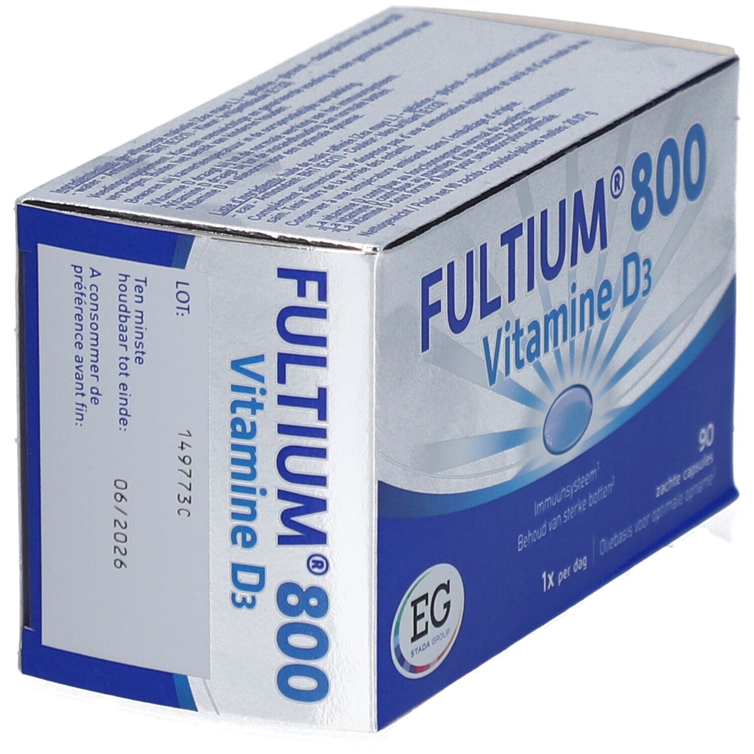 Schachtel Fultium® 800 Vitamin D3. Blaue und weiße Verpackung. Haltbarkeitsdatum. EG-Logo.