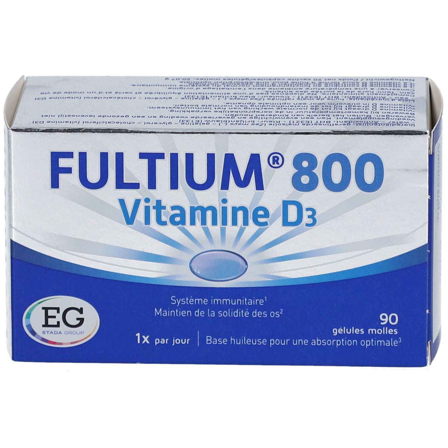 Schachtel Fultium® 800 Vitamin D3. Blaue und weiße Verpackung. 90 Kapseln. EG-Logo.
