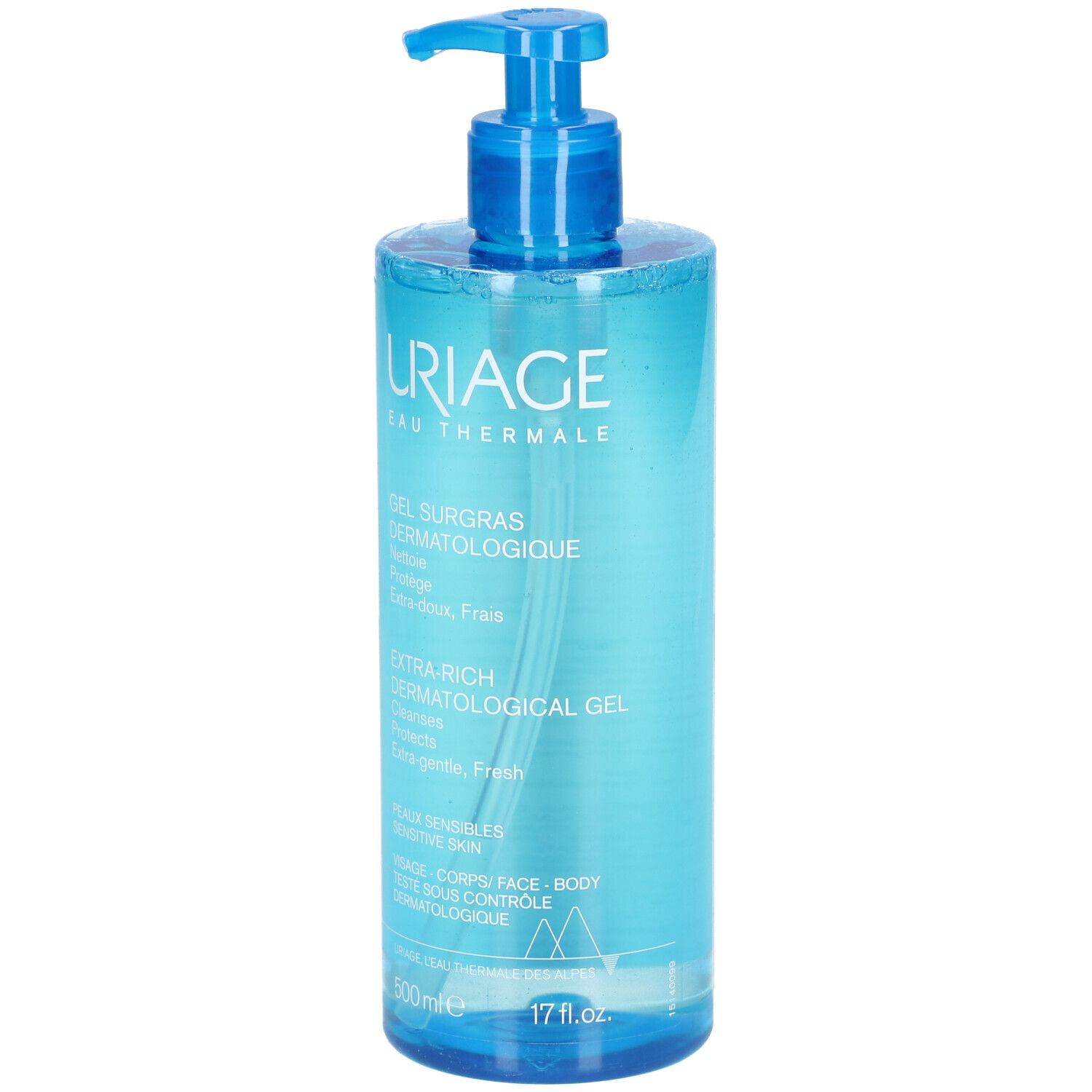 Blauwe Flasche mit Pumpe. Uriage Gel Surgras Dermatologische Flüssigkeit. Text auf der Flasche.