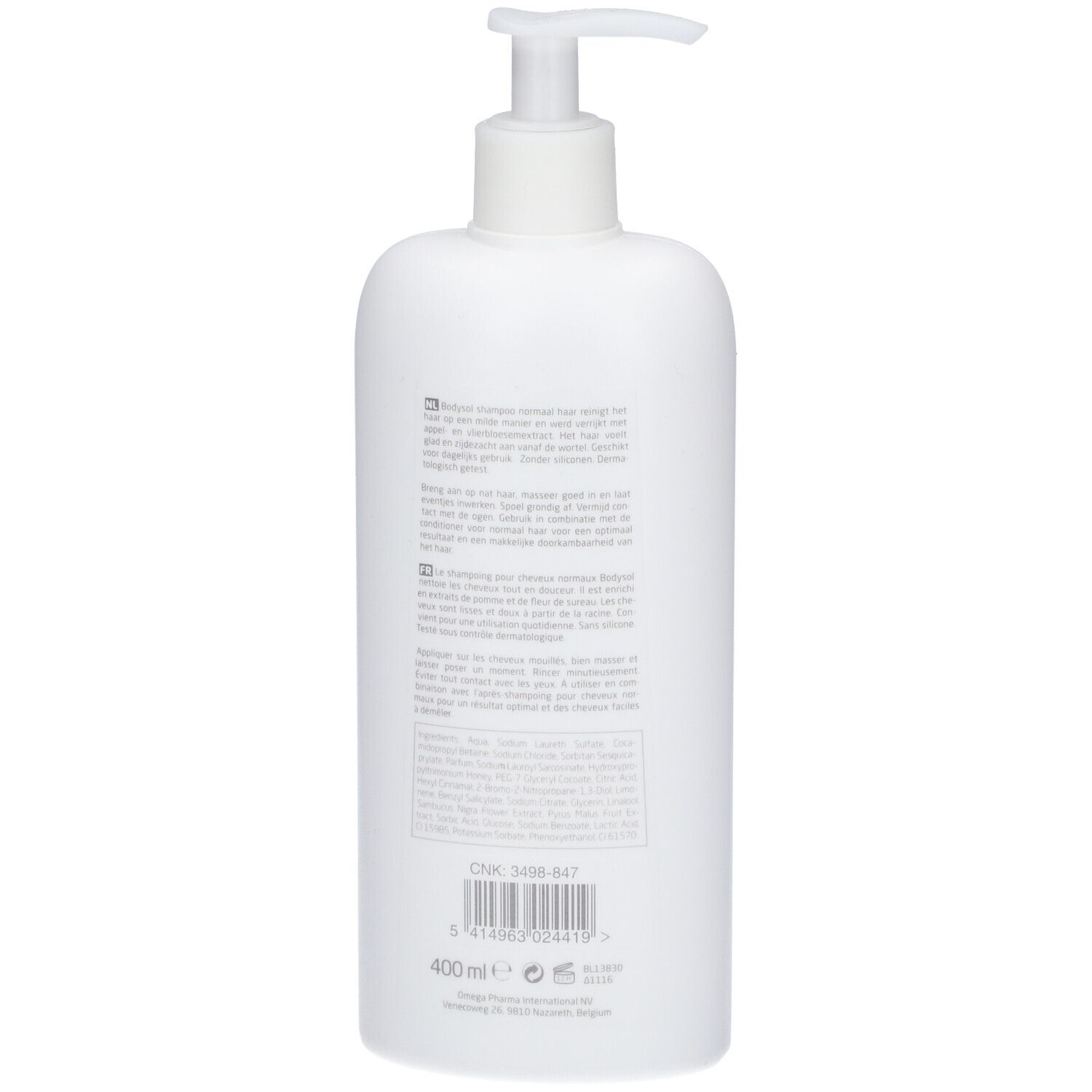 Rückseite der Shampoo-Flasche. Text in mehreren Sprachen. Inhaltsstoffe und Herstellerangaben.