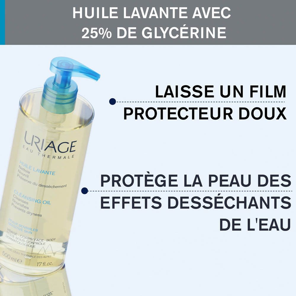 Flacon d'huile lavante Uriage avec pompe bleue. Nom du produit et informations sur l'étiquette.