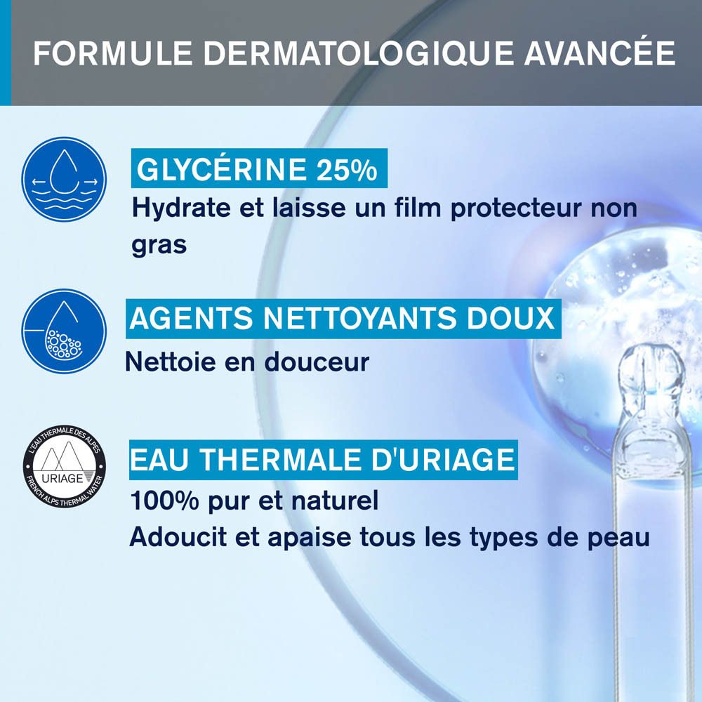 Flacon d'huile lavante Uriage avec pompe bleue. Nom du produit et informations sur l'étiquette.