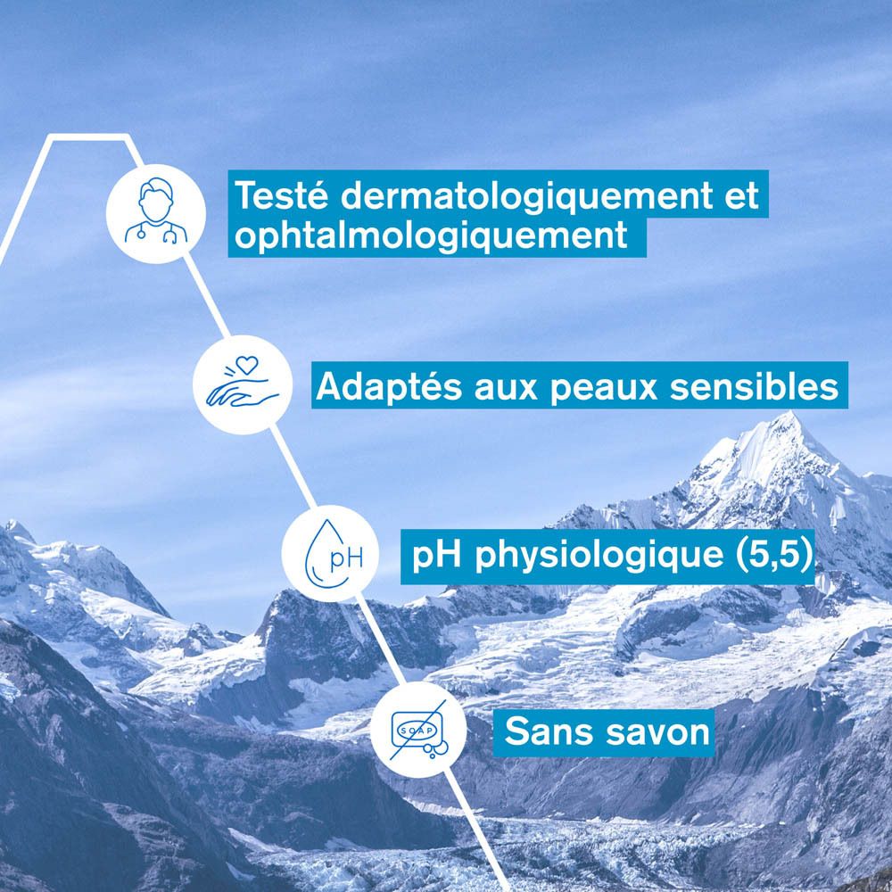 Peau lavée au savon. Texte : Gel-en-huile nettoyant, sans savon, parfum délicat.