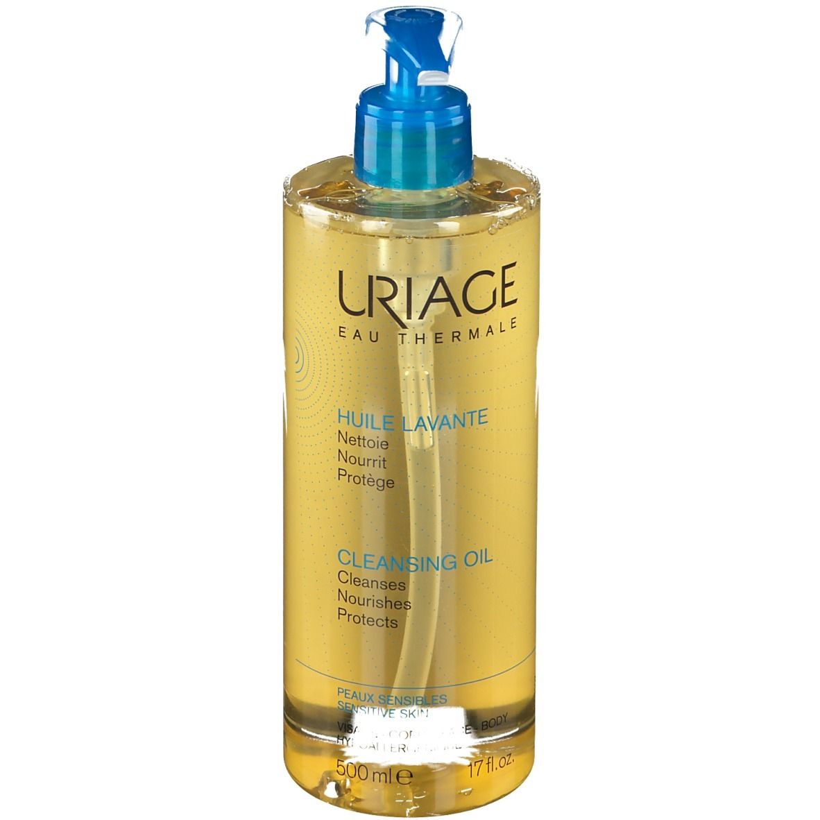 Uriage Reinigungsöl-Flasche mit blauem Pumpverschluss. Aufschrift: Uriage Eau Thermale, Cleansing Oil.