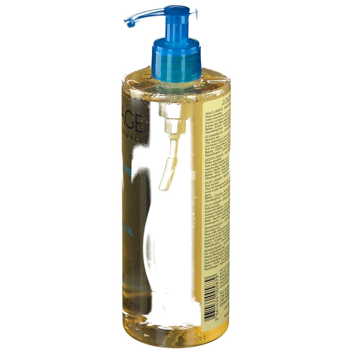 Uriage Reinigungsöl-Flasche mit blauem Pumpverschluss. Aufschrift: Uriage Eau Thermale, Cleansing Oil.