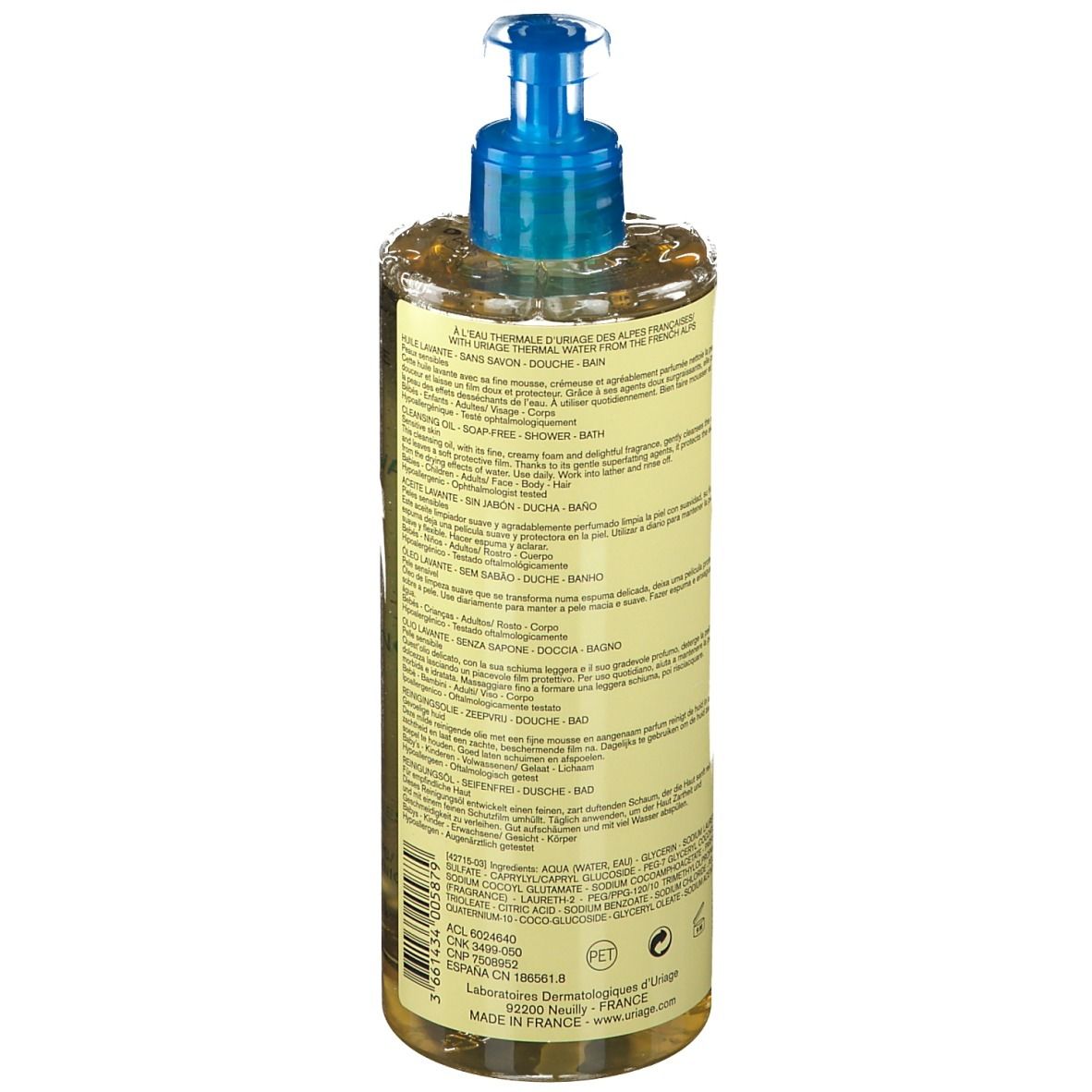 Uriage Reinigungsöl-Flasche mit blauem Pumpverschluss. Aufschrift: Uriage Eau Thermale, Cleansing Oil.