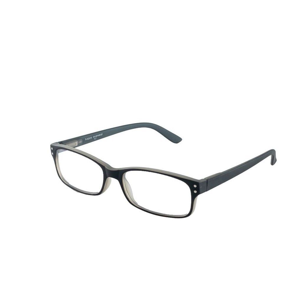 Lesebrille mit schwarzem Rahmen und Etui.