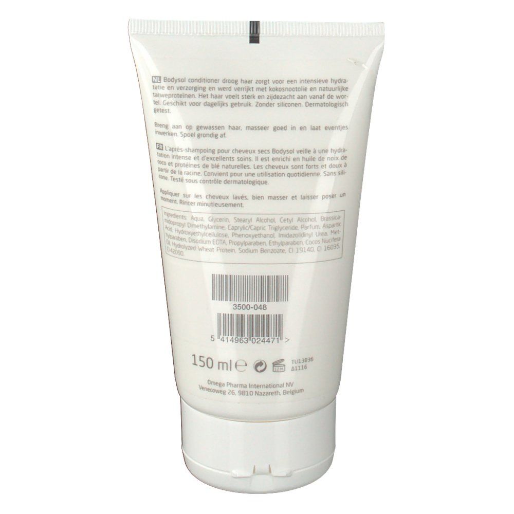 Rückseite der weißen Tube. Text in mehreren Sprachen. 150 ml. Inhaltsstoffe und Herstellerangaben.