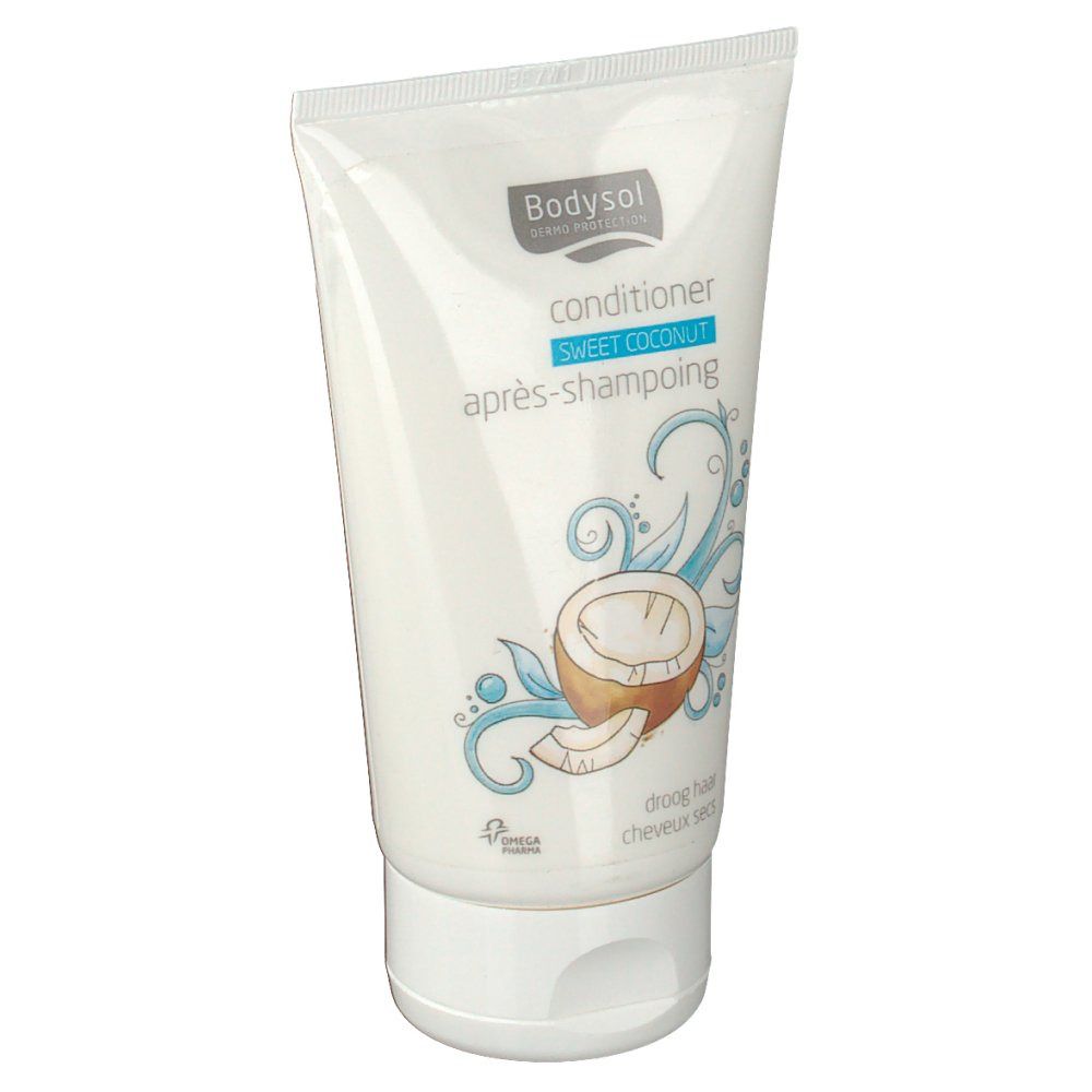 Weiße Tube mit Bodysol-Logo und Text: Conditioner, Sweet Coconut, après-shampooing. Kokosnuss-Motiv.