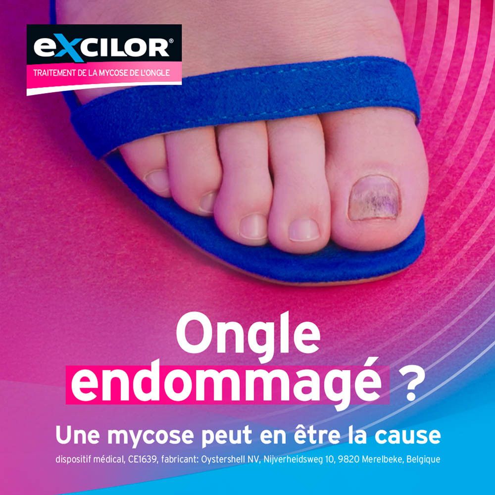 Boîte Excilor Forte. Produit et pied avec mycose. Contient 30 ml.