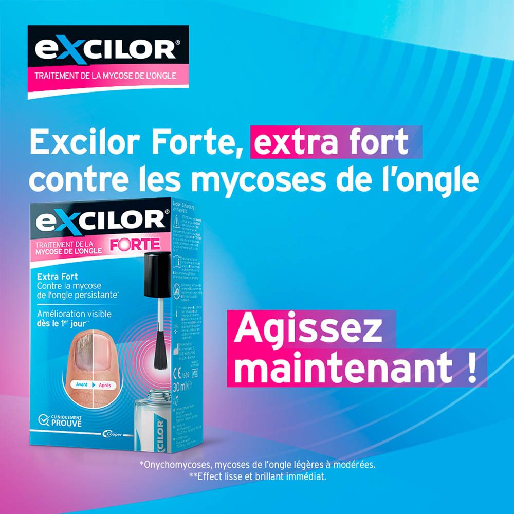 Flacon et boîte Excilor Forte. Produit et pied avec mycose.