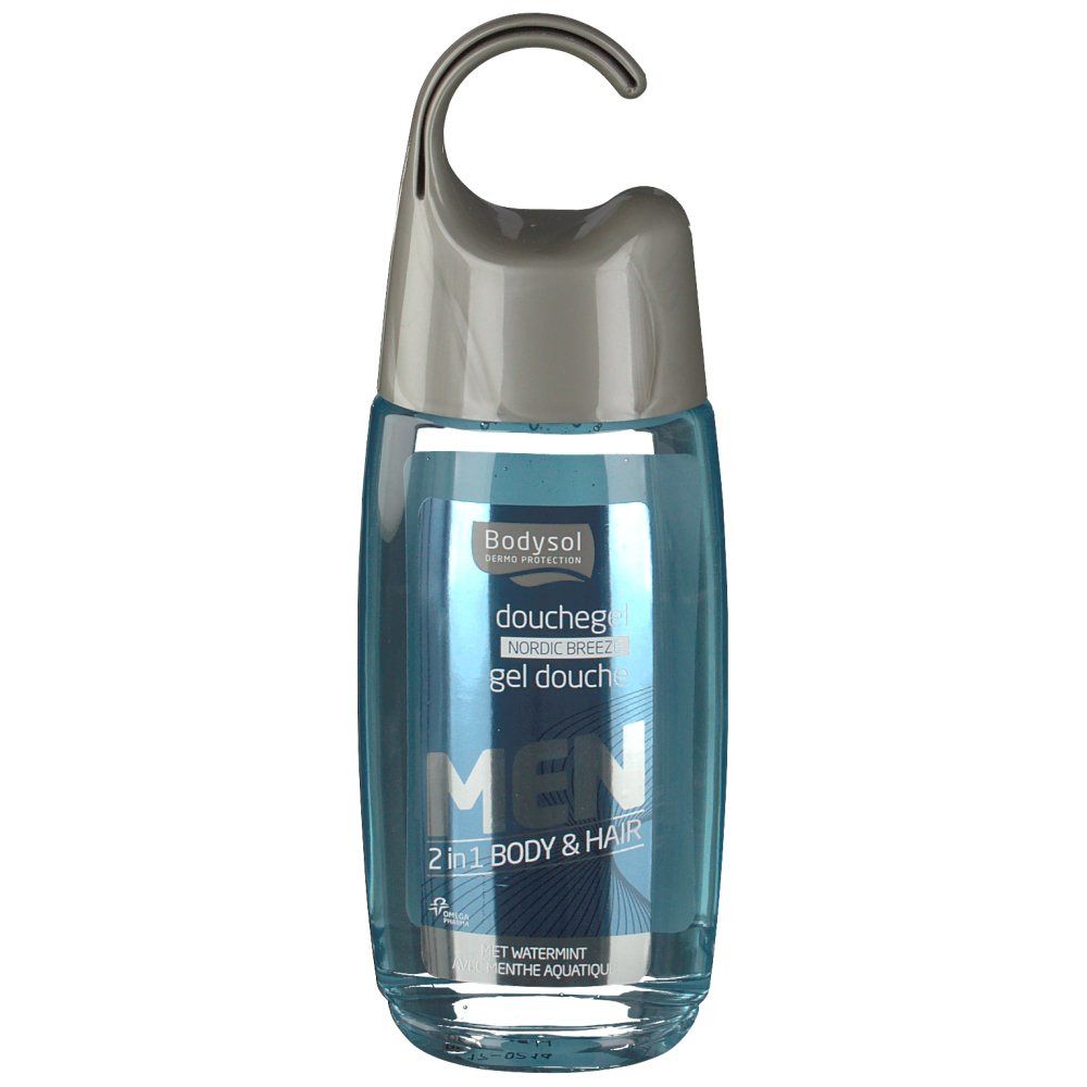 Blau-transparente Flasche mit grauem Verschluss. Aufschrift: MEN 2 in 1 Body & Hair. Hängevorrichtung.