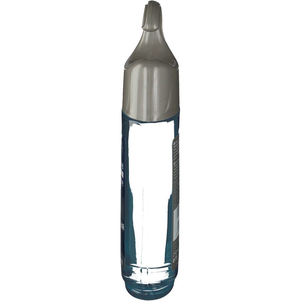 Schmale, transparente Flasche mit grauem Verschluss. Hängevorrichtung. Rückseite mit Text.