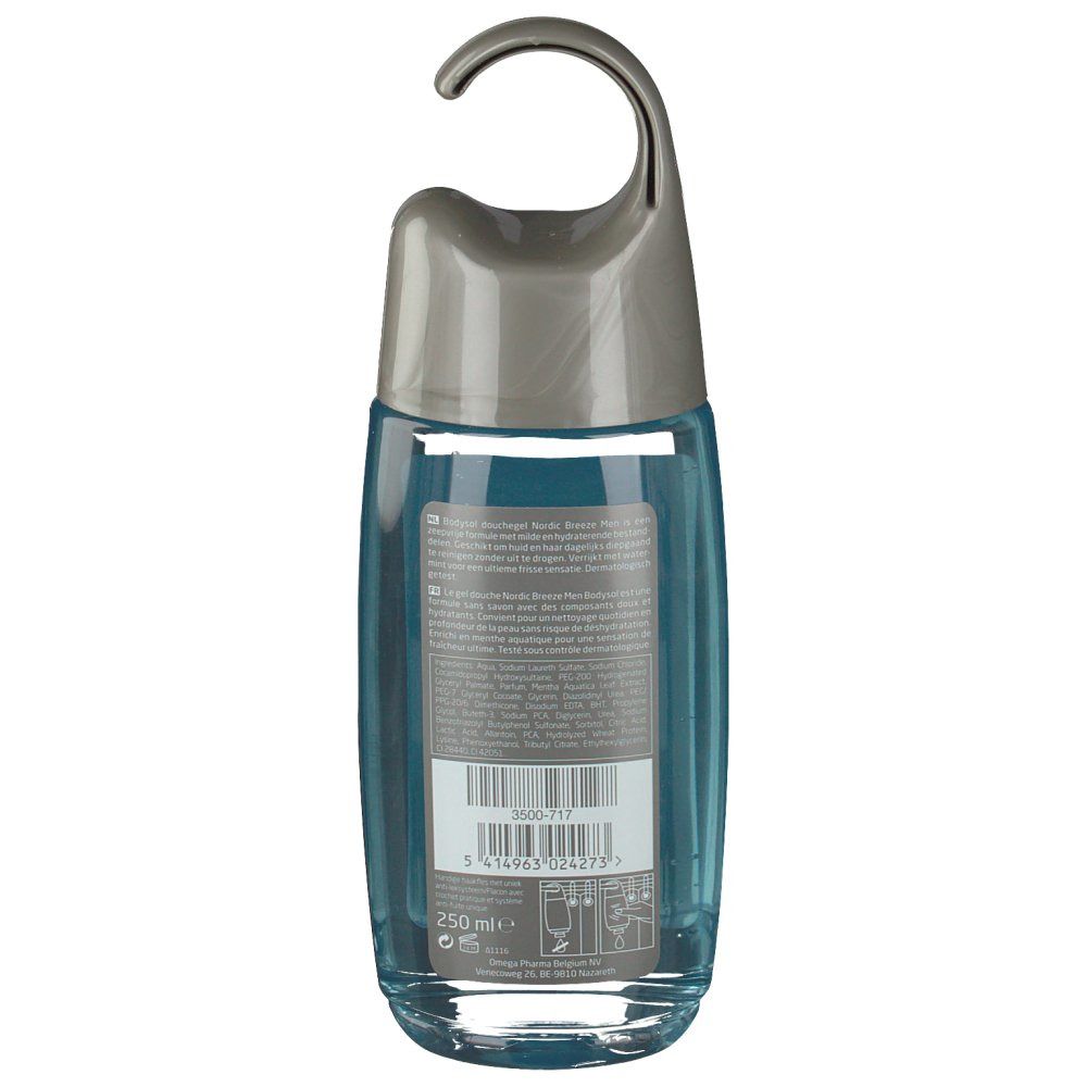 Rückseite der Flasche. Text und Barcode. Hängevorrichtung. Blau-transparente Flüssigkeit sichtbar.