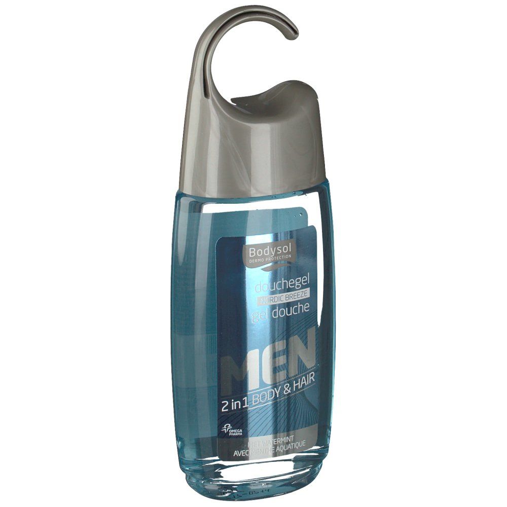 Blau-transparente Flasche mit grauem Verschluss. Aufschrift: MEN 2 in 1 Body & Hair. Hängevorrichtung.